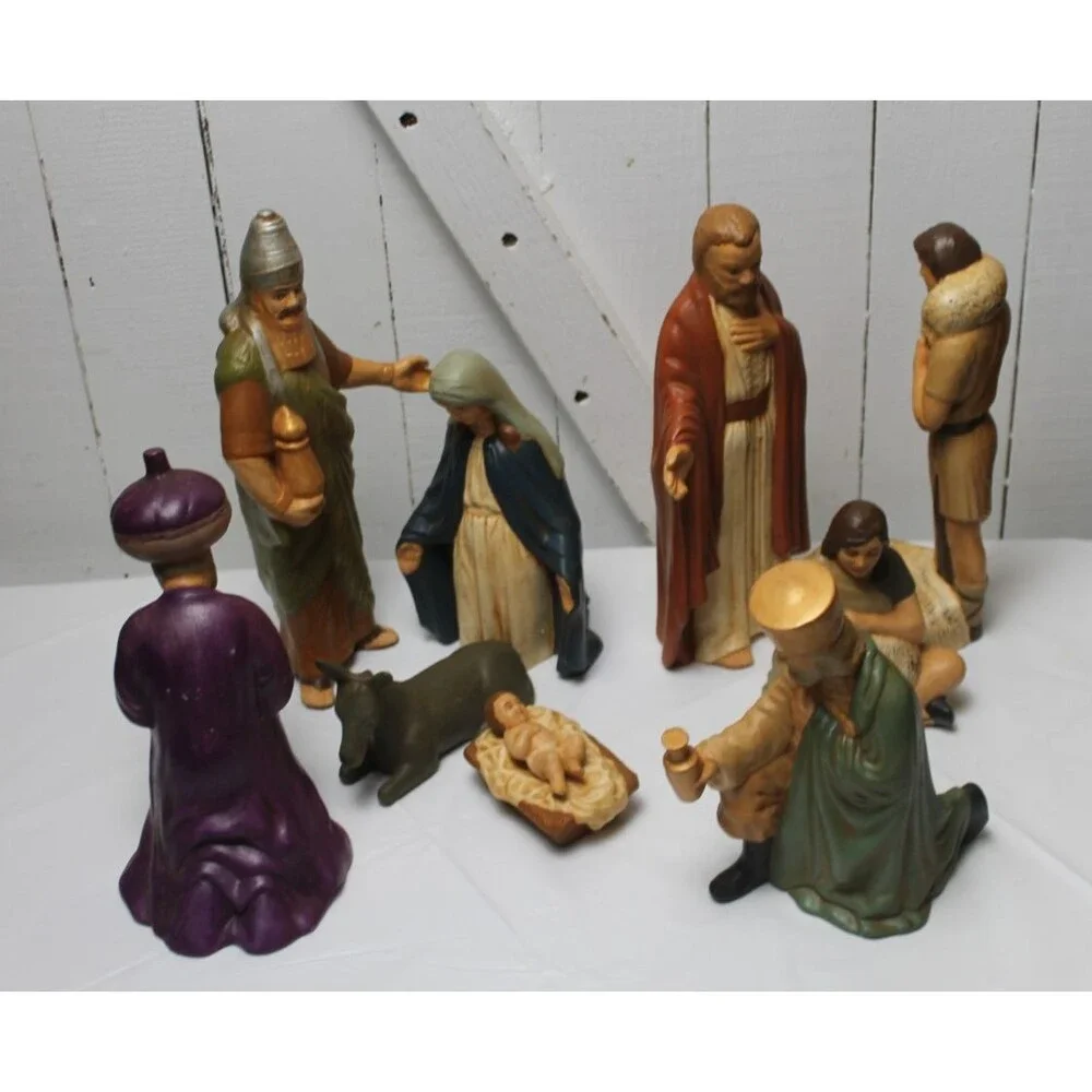 VTG 9pc Nativity Scene Set Ceramic Hand Painted Figures/Animals